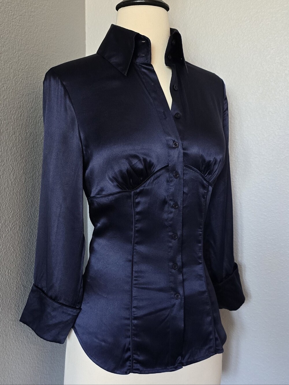Vintage bebe Silk Navy Corset Style Waisr Button Front Blouse XS Small Office